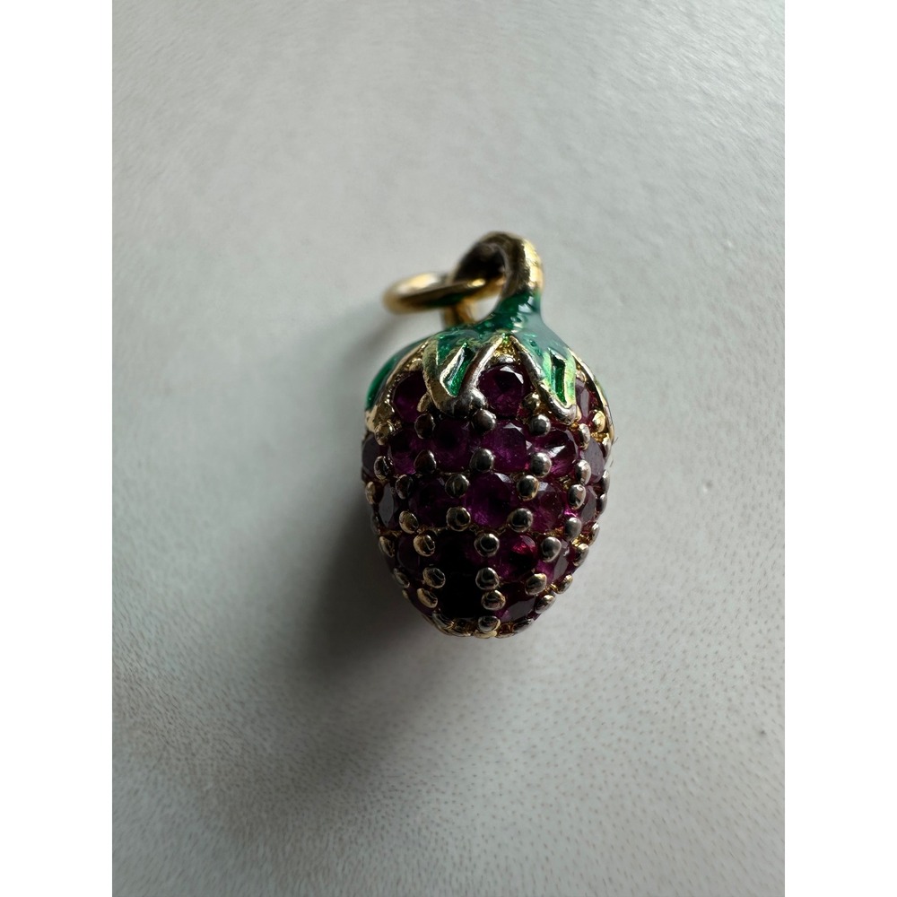 Vintage Style Strawberry Pendant Charm Red Pavé Stone Green Enamel Gold Tone
